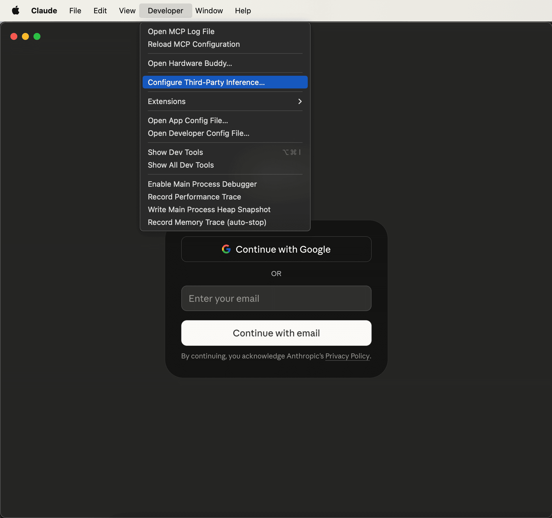 Claude Cowork Developer menu with Configure Third-Party Inference