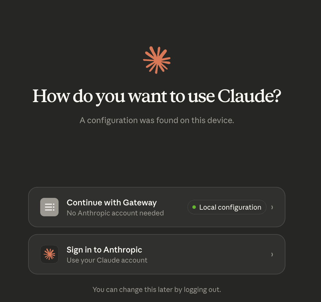 Claude Cowork startup screen with Continue with Gateway option