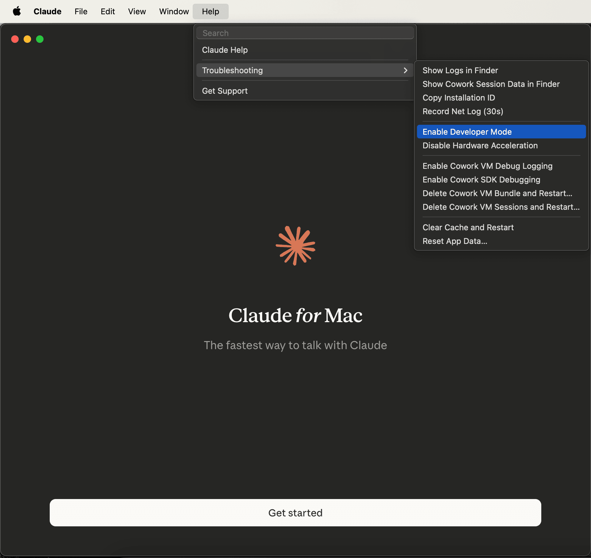 Claude Cowork Help menu with Enable Developer Mode