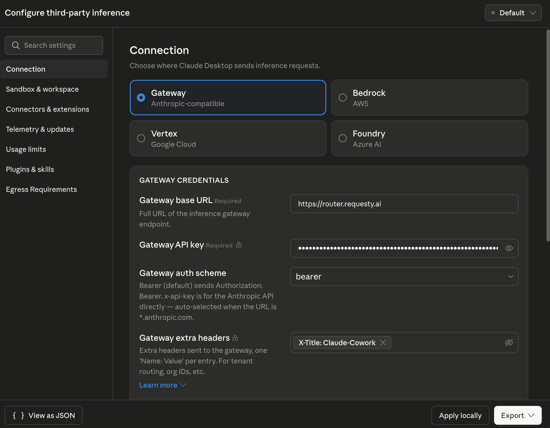 Claude Cowork Gateway configuration filled in with Requesty router URL