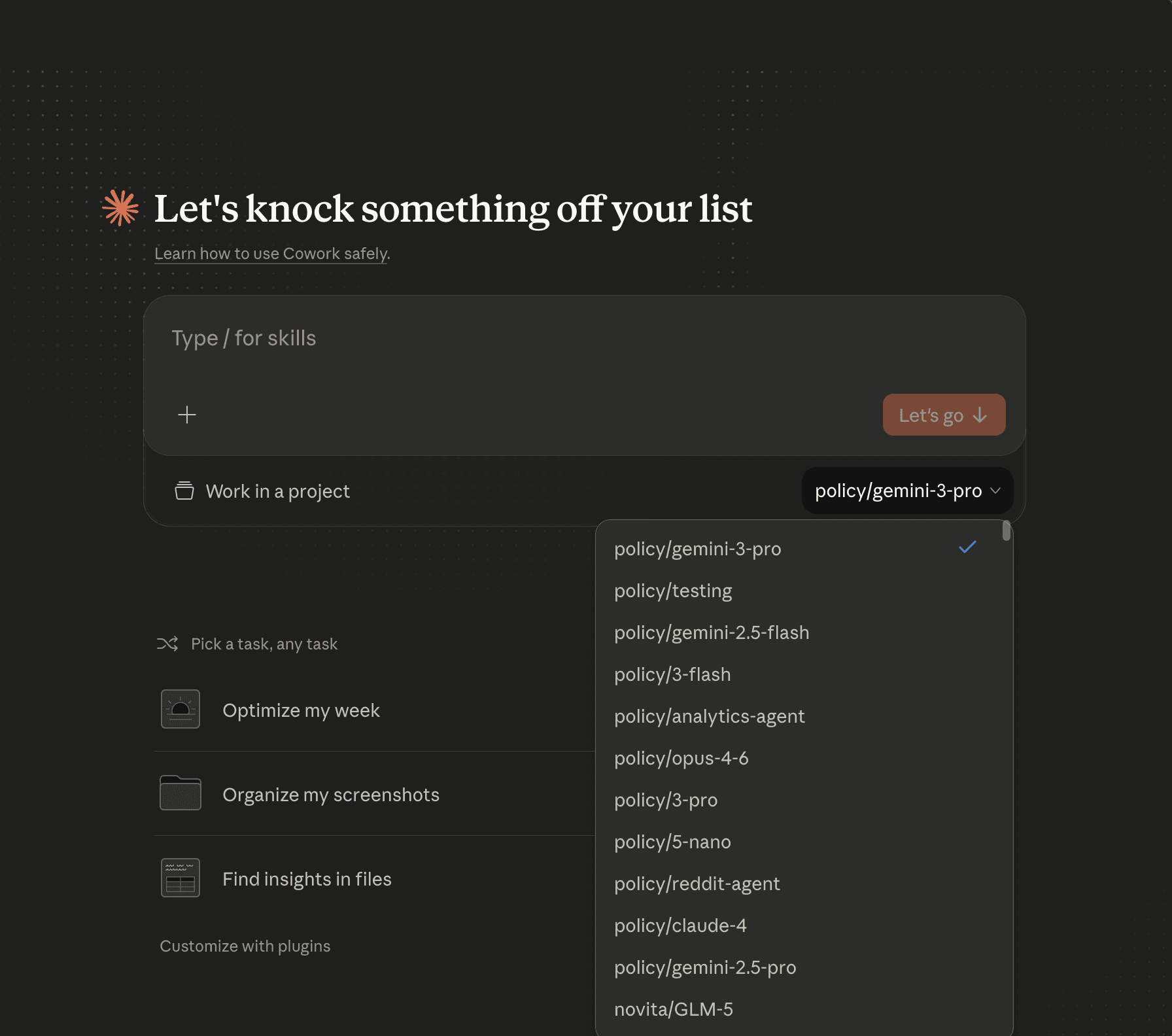 Claude Cowork model picker showing Requesty policies and models