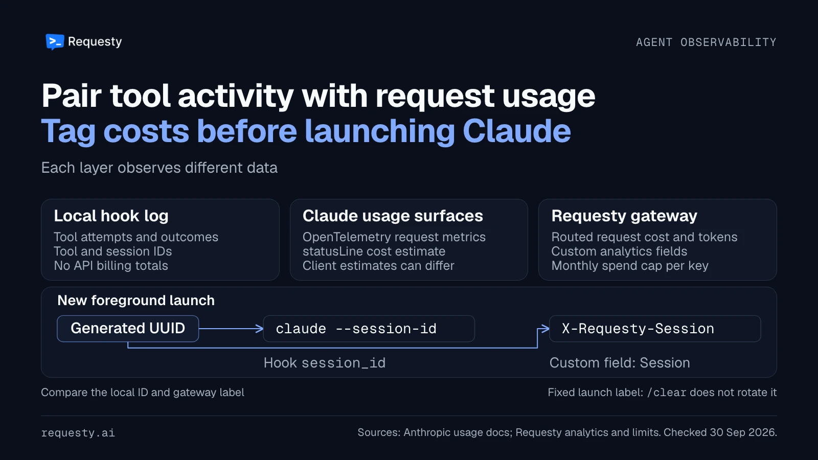 Local logs observe tool actions, Claude usage surfaces report client metrics and estimates, and Requesty meters routed requests. A generated UUID feeds an explicit Claude session ID and a custom launch-time Session label.