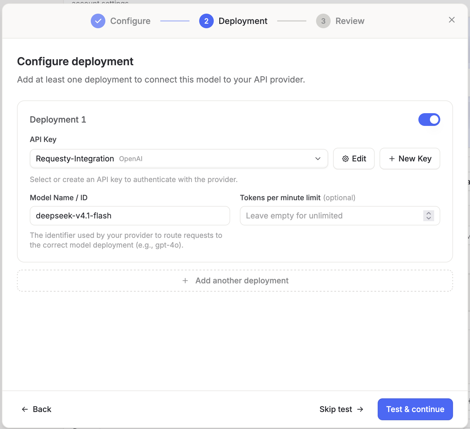 Langdock deployment step with the Requesty key selected