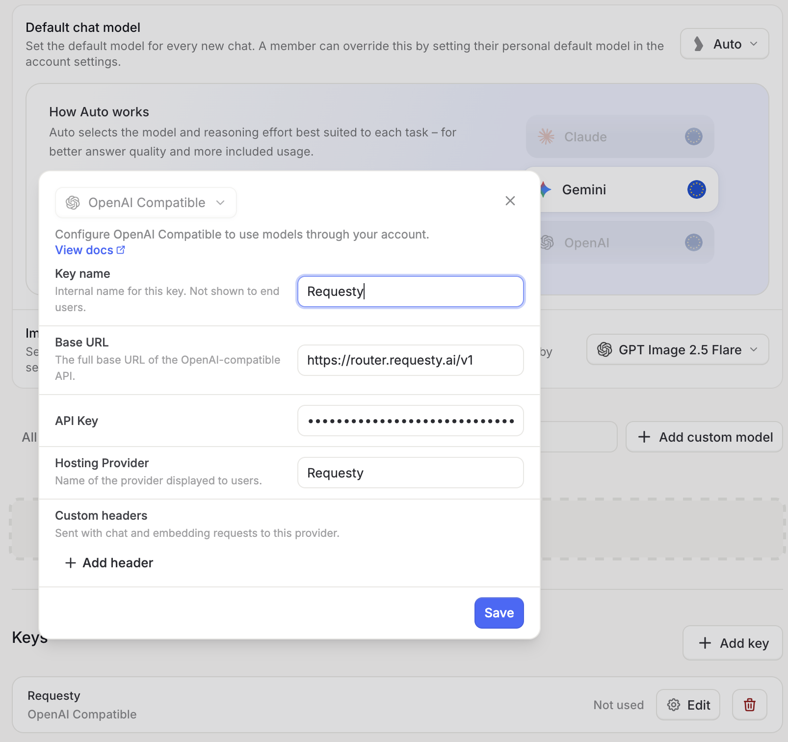 Langdock OpenAI Compatible key form pointed at the Requesty router