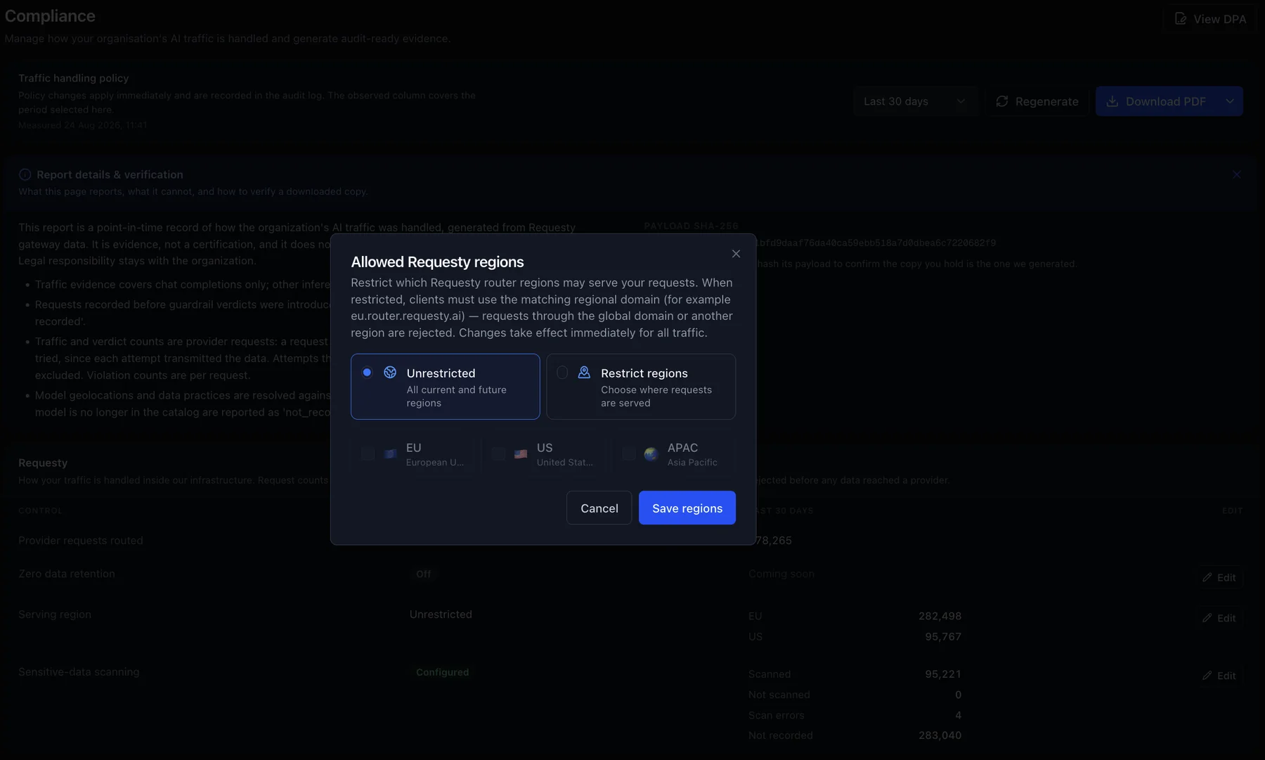 The allowed Requesty regions dialog, offering unrestricted or restricted regions with EU, US and APAC options, and explaining that clients must use the matching regional domain once restricted.