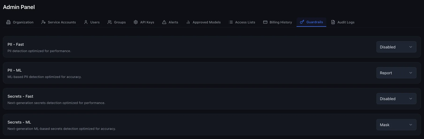 The Requesty guardrails screen showing PII and secrets detection, each in a fast and an ML variant, with per-guardrail actions set to disabled, report or mask.